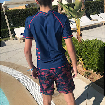 Blue/ fluoro red short-sleeved rash top