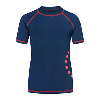 Blue/ fluoro red short-sleeved rash top