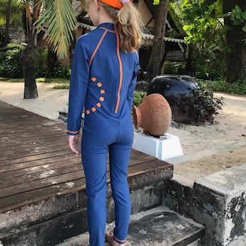 Blue/ orange long-sleeved all-in-one swimsuit