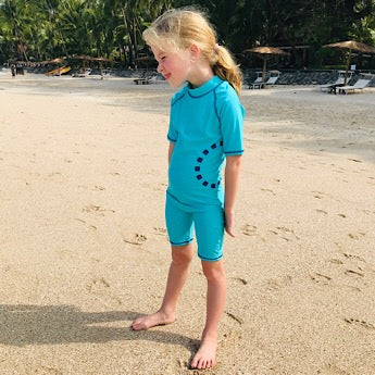 Turquoise/ blue short-sleeved all-in-one swimsuit