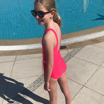 Fluoro red/ white Riviera swimming costume