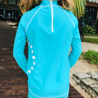 Turquoise/ white long-sleeved rash top (zipped)