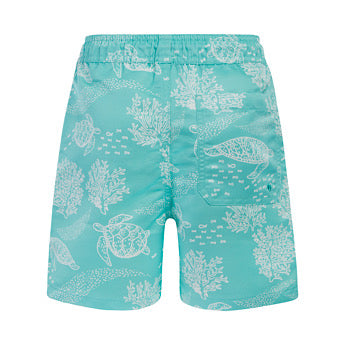 Turquoise turtle print board shorts
