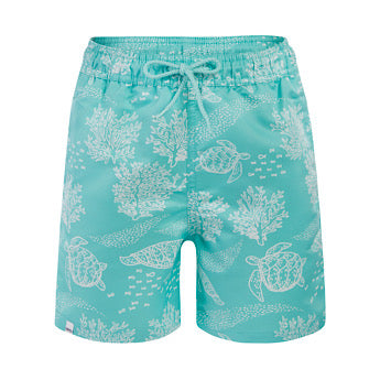 Turquoise turtle print board shorts