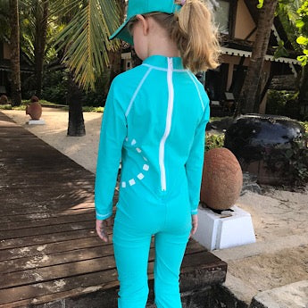 Turquoise/ white long-sleeved all-in-one swimsuit