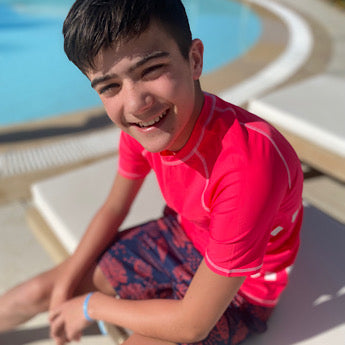Fluoro red/ white short-sleeved rash top