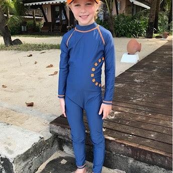 Blue/ orange long-sleeved all-in-one swimsuit
