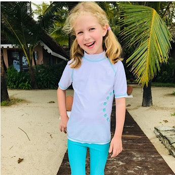 White/ turquoise short-sleeved rash top (zipped)