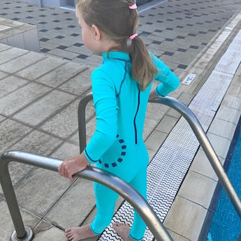 Turquoise/ blue long-sleeved all-in-one swimsuit