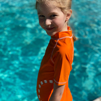 Orange/ white short-sleeved all-in-one swimsuit