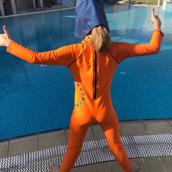 Orange/ blue long-sleeved all-in-one swimsuit