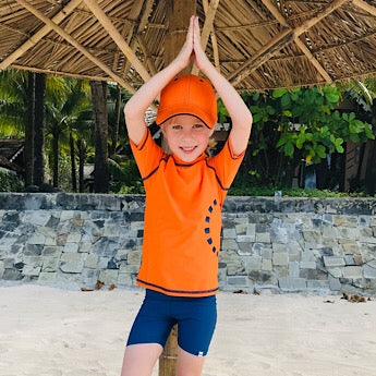Orange/ blue short-sleeved rash top (zipped)