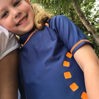 Blue/ orange short-sleeved rash top (zipped)