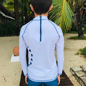 White/ blue long-sleeved rash top (zipped)