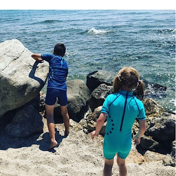 Turquoise/ blue short-sleeved all-in-one swimsuit