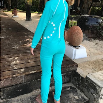 Turquoise/ white long-sleeved all-in-one swimsuit