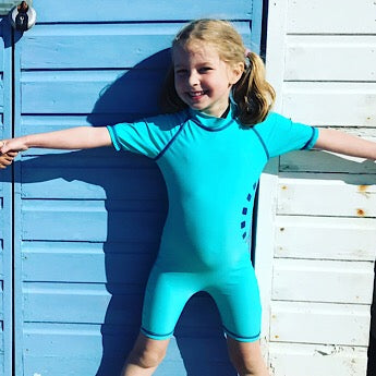 Turquoise/ blue short-sleeved all-in-one swimsuit