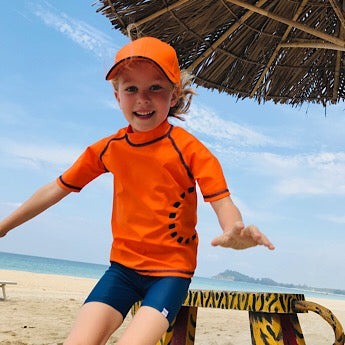 Orange/ blue short-sleeved rash top (zipped)