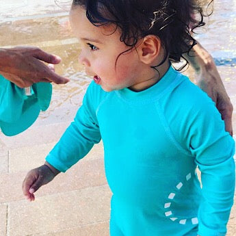 Turquoise/ white long-sleeved all-in-one baby swimsuit