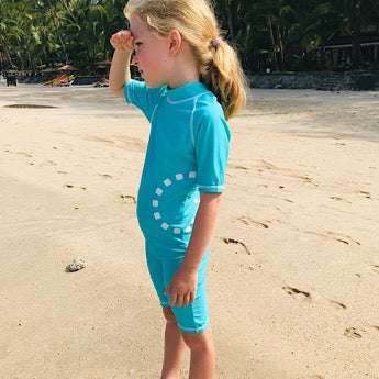 Turquoise/ white short-sleeved all-in-one swimsuit