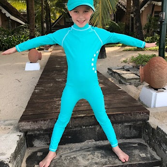 Turquoise/ white long-sleeved all-in-one swimsuit