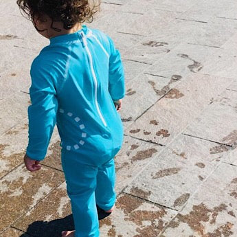 Turquoise/ white long-sleeved all-in-one baby swimsuit