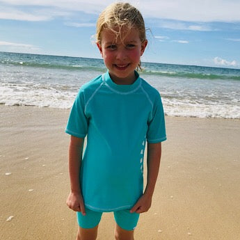 Turquoise/ white short-sleeved rash top (zipped)