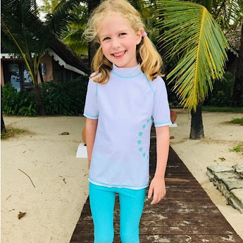 White/ turquoise short-sleeved rash top (zipped)
