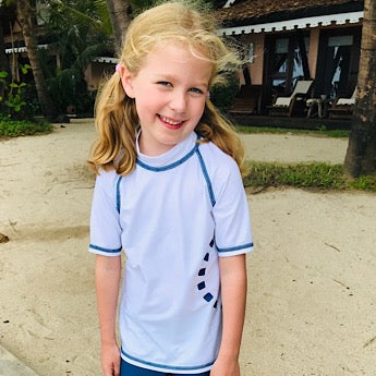 White/ blue short-sleeved rash top (zipped)