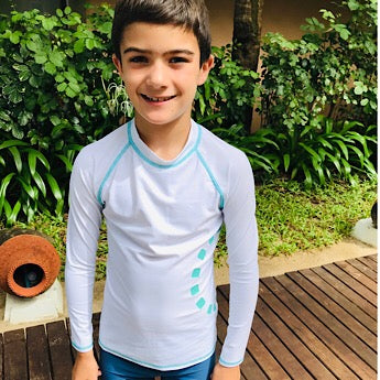 White/ turquoise long-sleeved rash top (zipped)