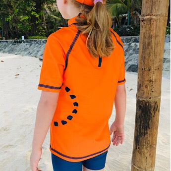 Orange/ blue short-sleeved rash top (zipped)