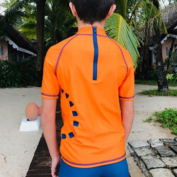 Orange/ blue short-sleeved rash top (zipped)