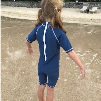 Blue/ white short-sleeved all-in-one swimsuit