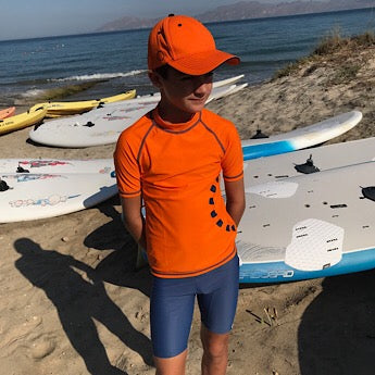 Orange/ blue short-sleeved rash top (zipped)