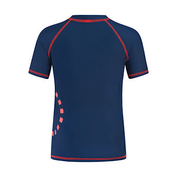 Blue/ fluoro red short-sleeved rash top