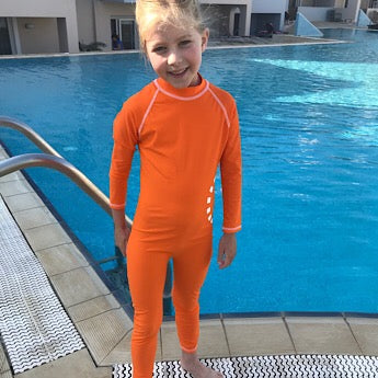 Orange/ white long-sleeved all-in-one swimsuit