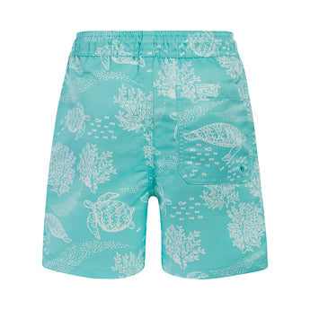 Turquoise turtle print board shorts