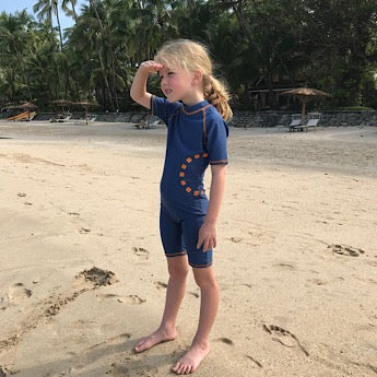 Blue/ orange short-sleeved all-in-one swimsuit