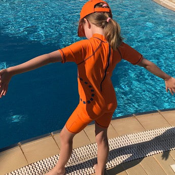 Orange/ blue short-sleeved all-in-one swimsuit