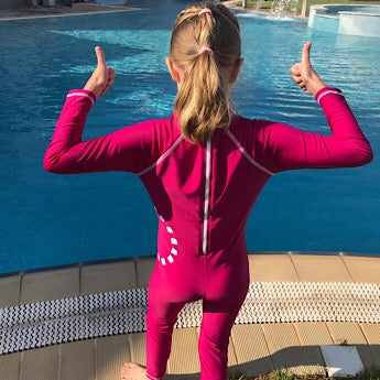 Magenta/ white long-sleeved all-in-one swimsuit