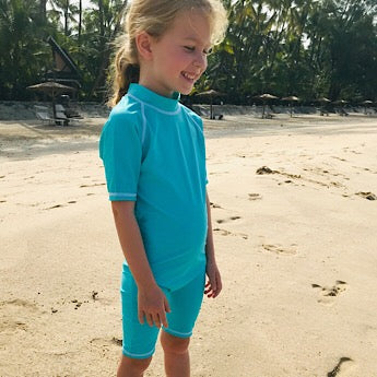 Turquoise/ white short-sleeved all-in-one swimsuit