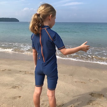 Blue/ orange short-sleeved all-in-one swimsuit