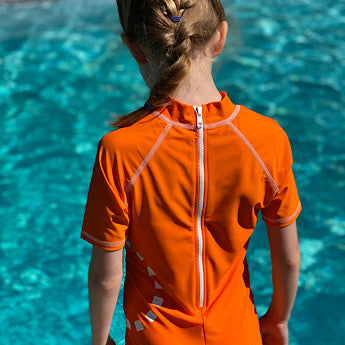 Orange/ white short-sleeved all-in-one swimsuit