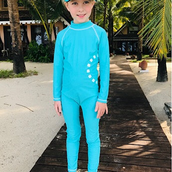 Turquoise/ white long-sleeved all-in-one swimsuit