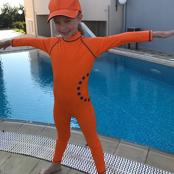 Children s Orange Blue Long Sleeve All In One Swimsuit Noma Swimwear