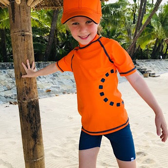 Orange/ blue short-sleeved rash top (zipped)