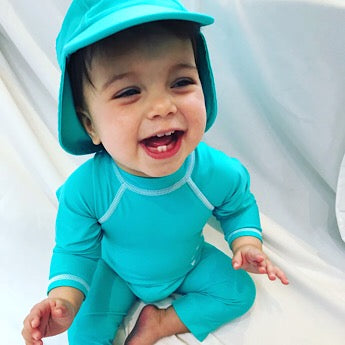Turquoise/ white long-sleeved all-in-one baby swimsuit