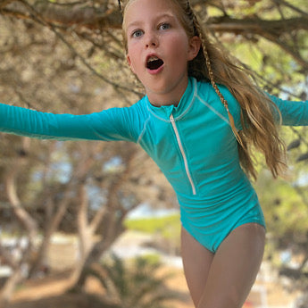 Turquoise long-sleeved swimming costume