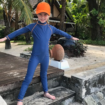 Blue/ orange long-sleeved all-in-one swimsuit