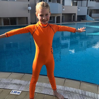 Orange/ blue long-sleeved all-in-one swimsuit